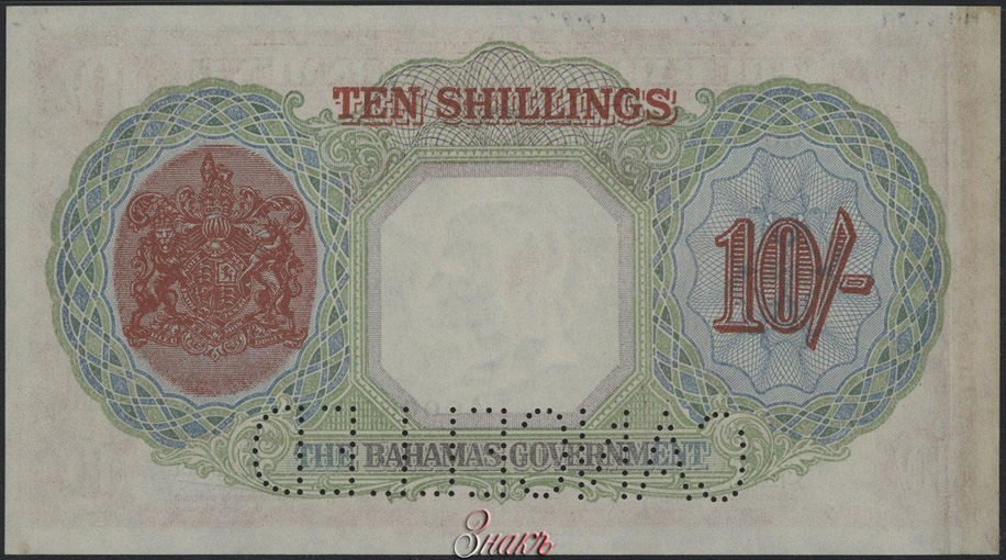 Содружество Багамских Островов. Правительство. 10 шиллингов 1936 г. Образец. Серия А6. № 000000.