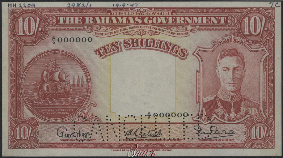 Содружество Багамских Островов. Правительство. 10 шиллингов 1936 г. Образец. Серия А6. № 000000.
