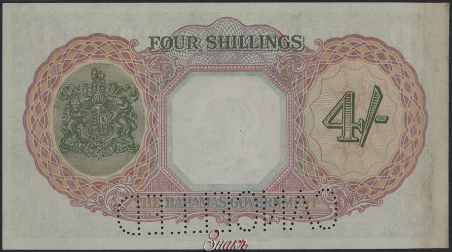 Содружество Багамских Островов. Правительство. 4 шиллинга 1936 г. Образец. Серия А4. № 000000.