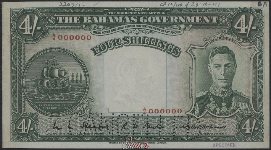 Содружество Багамских Островов. Правительство. 4 шиллинга 1936 г. Образец. Серия А4. № 000000.