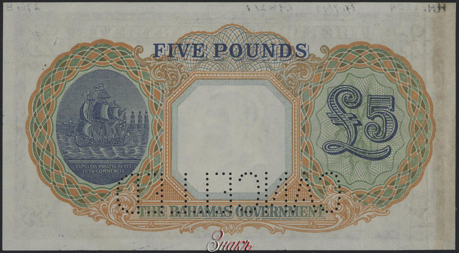Содружество Багамских Островов. Правительство. 5 фунтов 1936 г. Образец. Серия А2. № 000000.