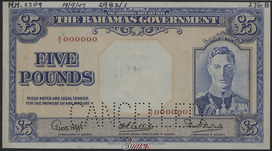 Содружество Багамских Островов. Правительство. 5 фунтов 1936 г. Образец. Серия А2. № 000000.