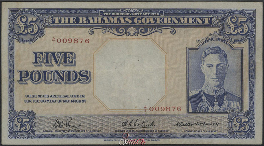 Содружество Багамских Островов. Правительство. 5 фунтов 1936 г. Серия А1. D.G.Stewart.