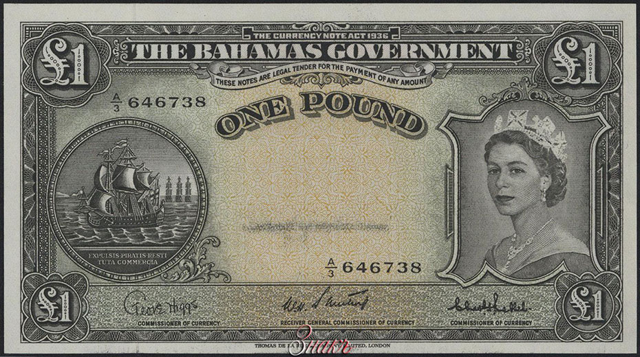 Содружество Багамских Островов. Правительство. 1 фунт 1953 г. Серия А3. W.H.Sweeting, Chas.P.Bethel.