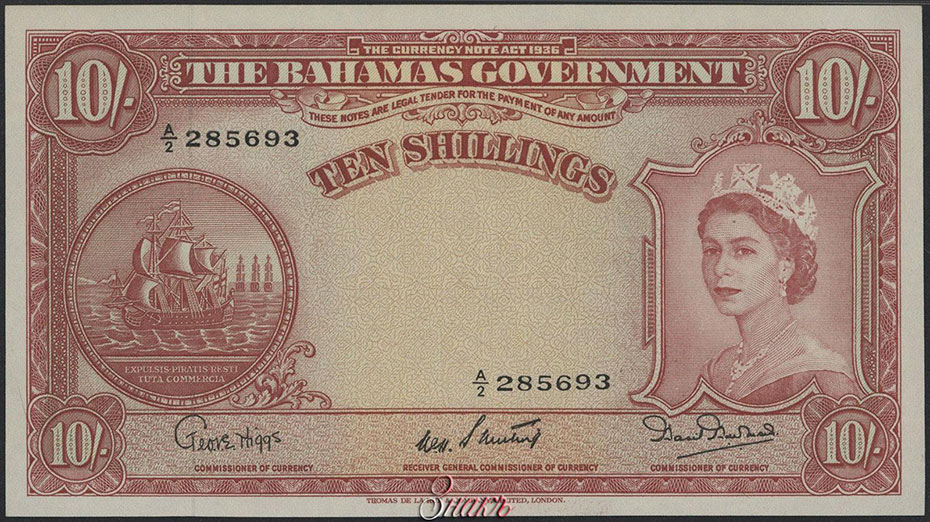 Содружество Багамских Островов. Правительство. 10 шиллингов 1953 г. Серия А2. W.H.Sweeting, Basil Burnside.