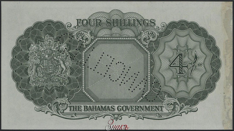 Содружество Багамских Островов. Правительство. 4 шиллинга 1953 г. Образец. Серия А3. № 000000. Типография - Thomas De La Rue & Company.