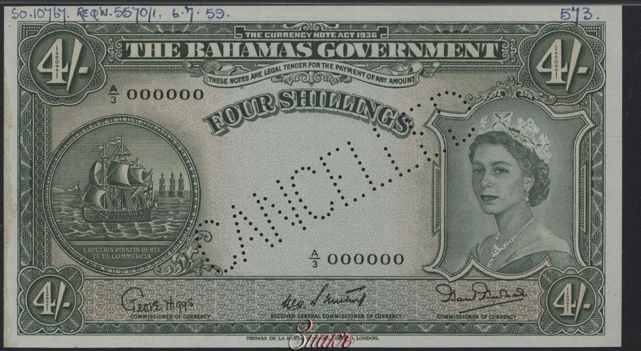 Содружество Багамских Островов. Правительство. 4 шиллинга 1953 г. Образец. Серия А3. № 000000. Типография - Thomas De La Rue & Company.