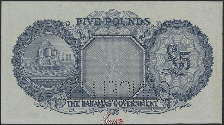 Содружество Багамских Островов. Правительство. 5 фунтов 1953 г.Образец. Серия А1. № 000000. Типография - Thomas De La Rue & Company.