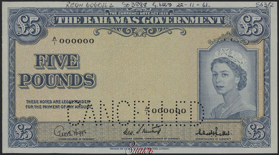Содружество Багамских Островов. Правительство. 5 фунтов 1953 г.Образец. Серия А1. № 000000. Типография - Thomas De La Rue & Company.
