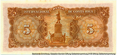 BANCO INTERNACIONAL DE COSTA RICA 5 CINCO COLONES EN MONEDA DE DRO ACUNADA 16 de Enero de 1936. SERIE D