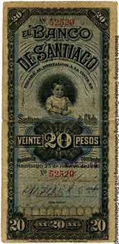Banco de Santiago 20 Pesos 25 de Febrero de 1886.