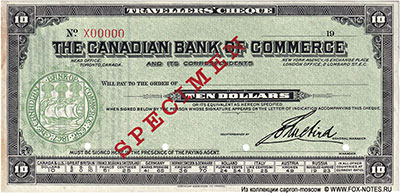 The Canadian Bank of Commerce. Travellers' Cheque. 10 Dollars SPECIMEN. GENERAL MANAGER John Aird.