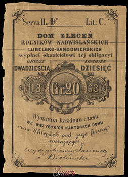 Dom Zleceń Rolnik&oacute;w Nadwiślańskich Lubelsko-Sandomierskich. Bon na 20 groszy = 10 kopiejek 1862