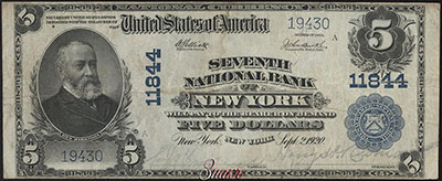 Seventh National Bank of New York.  11844. 5 Dollars SERIES OF 1902. Elliott Burke.