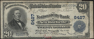 National City Bank of New Rochelle 20 Dollars. Aug. 18, 1902. SERIES OF 1902. Lyons Roberts. 