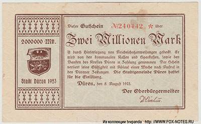 Stadt D&uuml;ren. Gutschein 2 Millionen Mark. 8. August 1923.