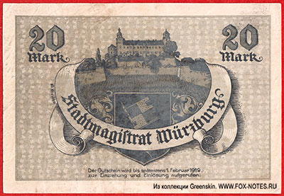 Gutschein der Stadt W&uuml;rzburg 20 Mark. 8. Oktober 1918.
