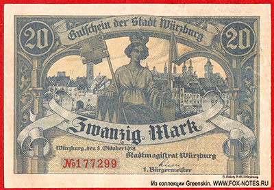Gutschein der Stadt W&uuml;rzburg 20 Mark. 8. Oktober 1918.