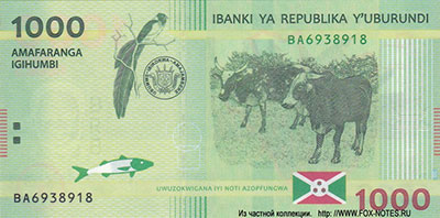 Banque de la R&eacute;publique du Burundi - Ibanki ya Republika y'uBurundi - Note 1000 Francs 2015.