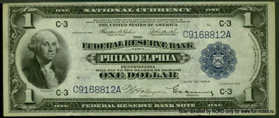 Federal Reserve Bank of Philadelphia, Pennsylvania. National Currency � Federal Reserve Bank Notes 1 dollar. Series of 1918. Teehee; Burke; Hardt; Passmore.