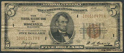 Federal Reserve Bank of Minneapolis, Minnesota National Currency � Federal Reserve Bank Notes 5 dollars. Series of 1929.