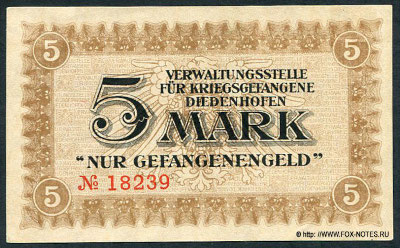 Vervaltungsstelle f&uuml;r Kriegsgefangene Diedenhofen Gutschein 5 Mark