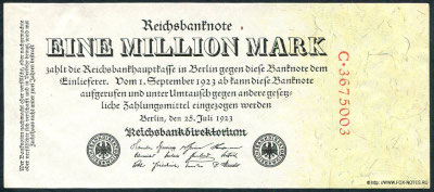 Deutsches Reich. Reichsbank. Reichsbanknote. 1 Million Mark. Berlin, den 25. Juli 1923.