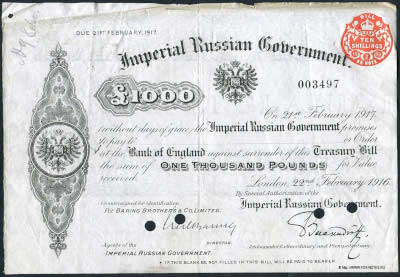 Imperial Russian Government Treasury Bill 1000 Pounds 22 February 1916 - 21 February 1917 Cecil Baring