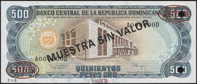 Banco Central de la Rep&uacute;blica Dominicana 500 Peso Oro 1994 MUESTRA SIN VALOR