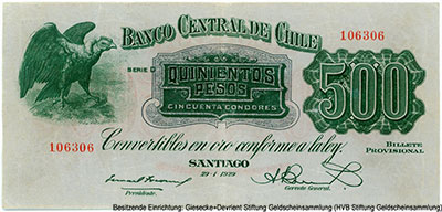 Banco Central de Chile. Billete Provisional 500 PESOS 50 CONDORES 29-1-1929.