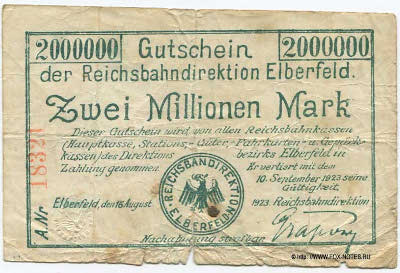Gutschein der Reichsbahndirektion Elberfeld. Elberfeld, den 16. August 1923.