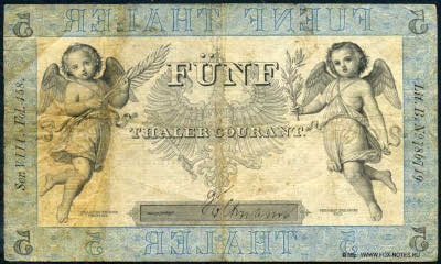 K&ouml;nigreich Preu&szlig;en. Hauptverwaltung der Staatsschulden. Kassenanweisung. 5 Thaler Courant. &nbsp;15. Dezember 1856.