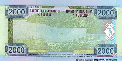 Banque de la R&eacute;publique du Burundi - Ibanki ya Republika y'uBurundi - Note 2000 Francs Amafranga 2008.