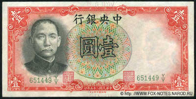 Central Bank of China 行銀央中 Banknote Banknote 1 Yuan nacional currency, 1936.  TDLR