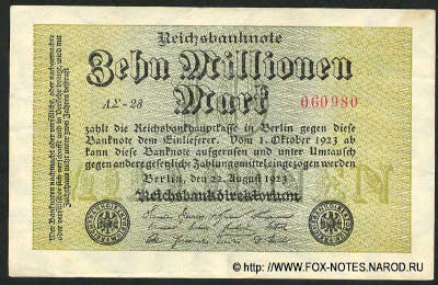 Reichsbank. Reichsbanknote. 10 Millionen Mark. Berlin, den 22. August 1923. FZ: AΣ