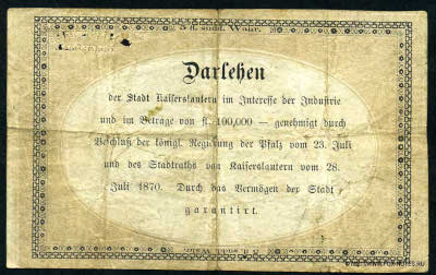 Darlehen-Schein der Stadt Kaiserslautern. 1870. 5 ���������