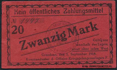Offizier-Kriegsgefangenenlager F. Graudenz. 20 Mark. 1. September 1918.