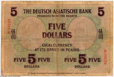 Deutsch-Asiatische Bank Banknote über 5 Dollar. Peking, den 1. März 1907.
