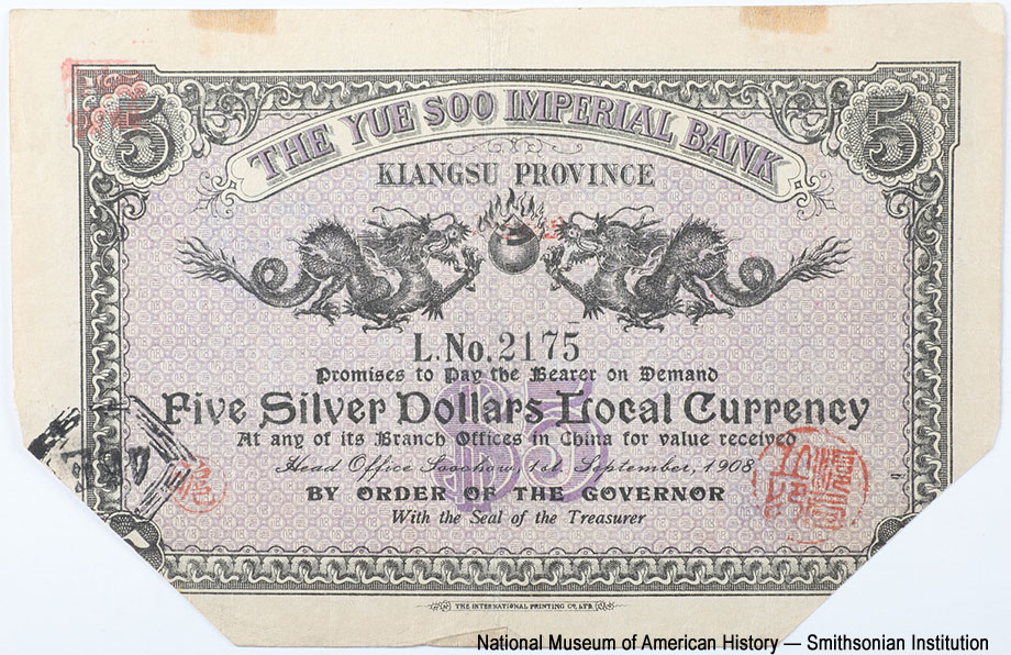 Yue Soo Imperial Bank. 5 dollars 1908