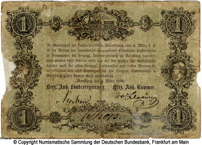 Anhalt-Köthen-Bernburger Eisenbahn Gesellschaft 1Thaler 1848 Lit. H