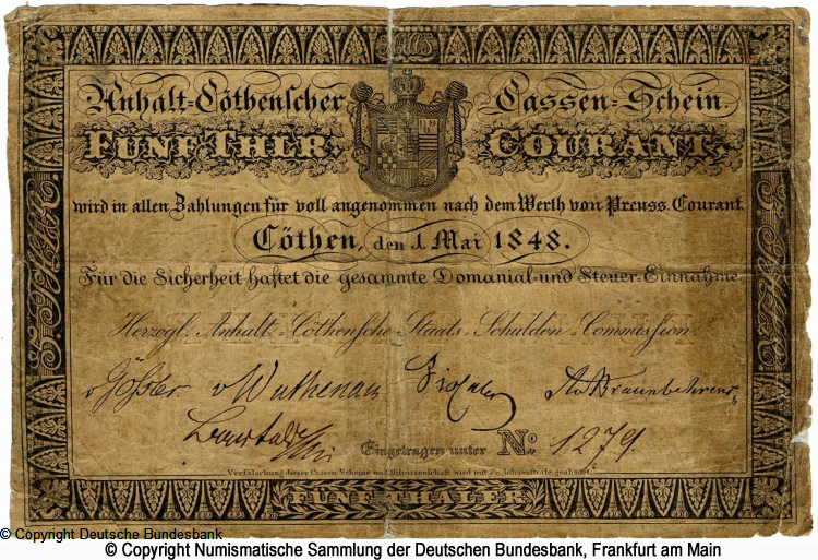  -ʸ Herzoglich Anhalt-Cöthensche Staatsschulden-Commission 1 Thaler 1848
