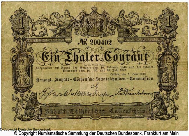 Herzoglich Anhalt-Cöthensche Staatsschulden-Commission Kassenschein 1 Thaler 1848