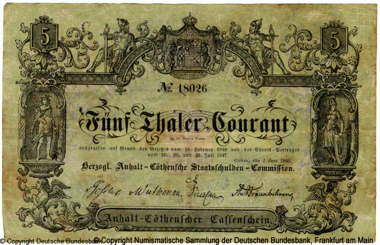 Herzoglich Anhalt-Cöthensche Staatsschulden-Commission Kassenschein 5 Thaler 1848