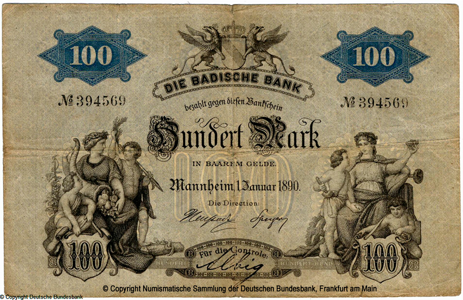 Badische Bank Bankschein. 100 Mark. 1. Januar 1890.