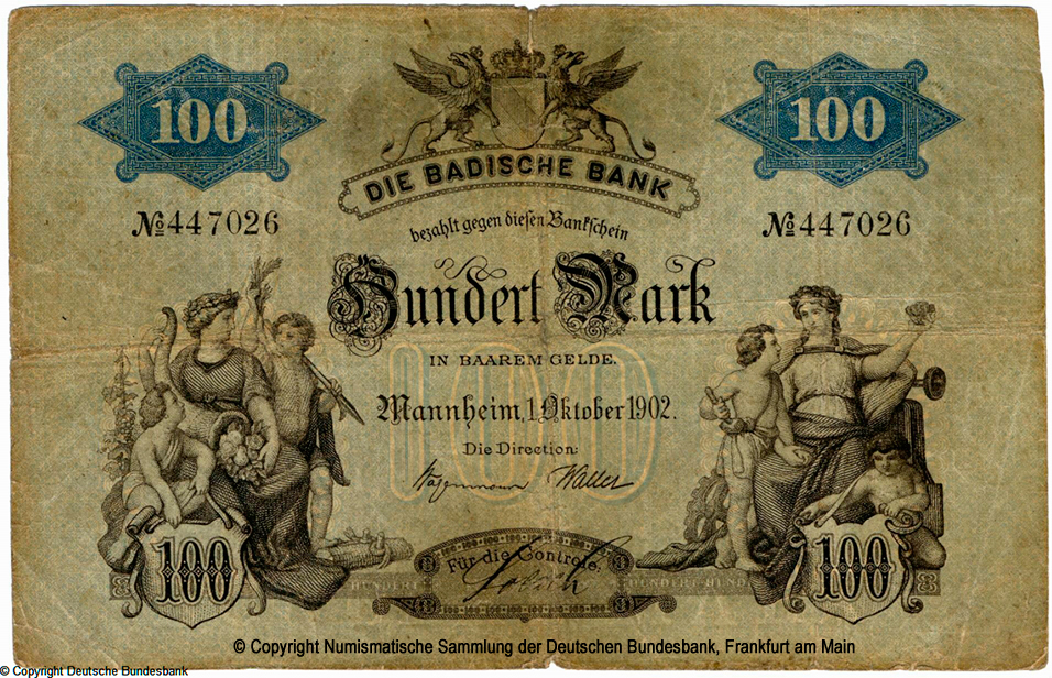 Badische Bank Bankschein. 100 Mark. 1. Oktober 1902. No 447026