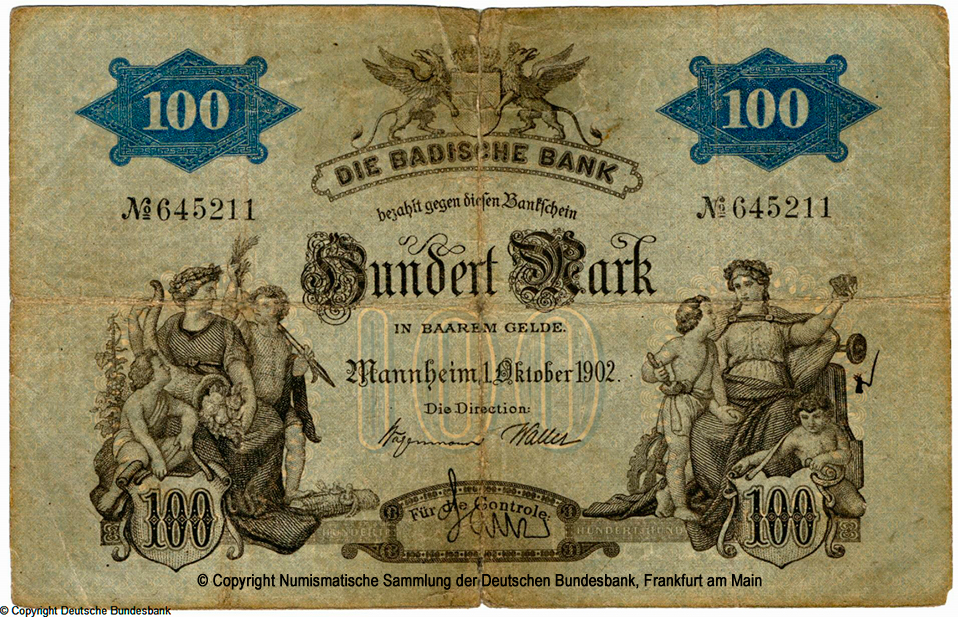 Badische Bank Bankschein. 100 Mark. 1. Oktober 1902. No 447026