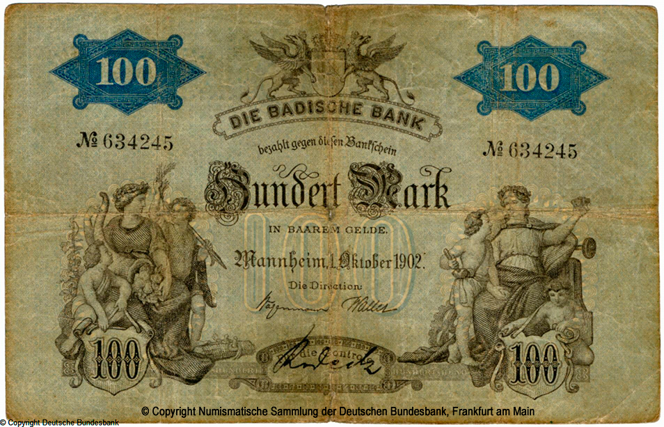 Badische Bank Bankschein. 100 Mark. 1. Oktober 1902. No 634245