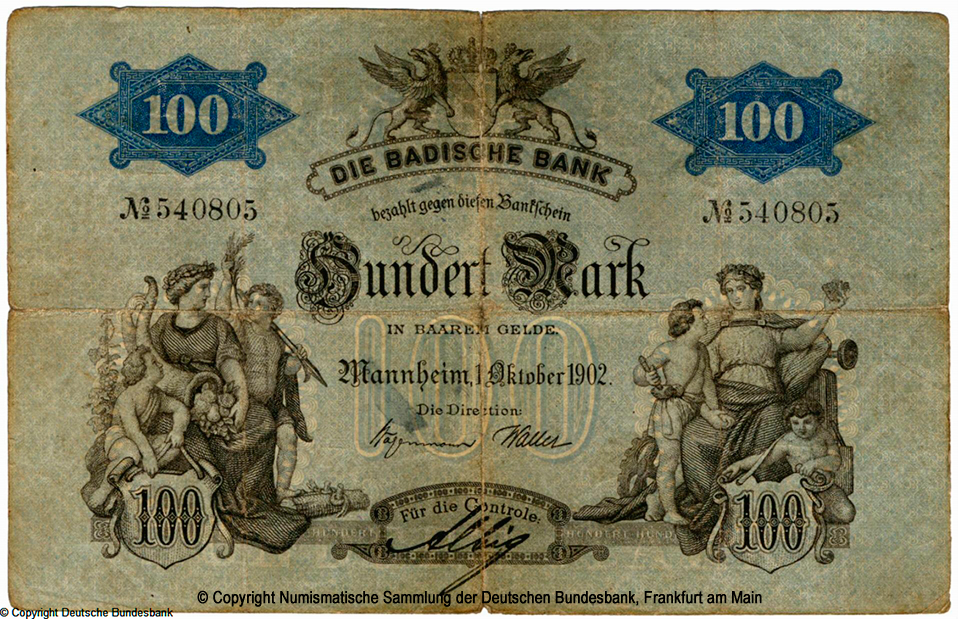 Badische Bank Bankschein. 100 Mark. 1. Oktober 1902. No 540805