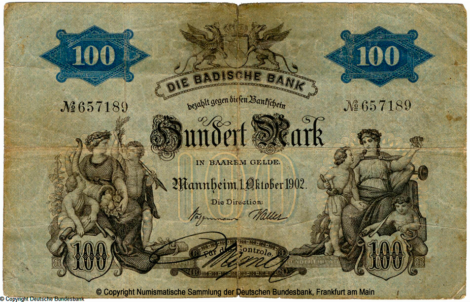 Badische Bank Bankschein. 100 Mark. 1. Oktober 1902. No 657189