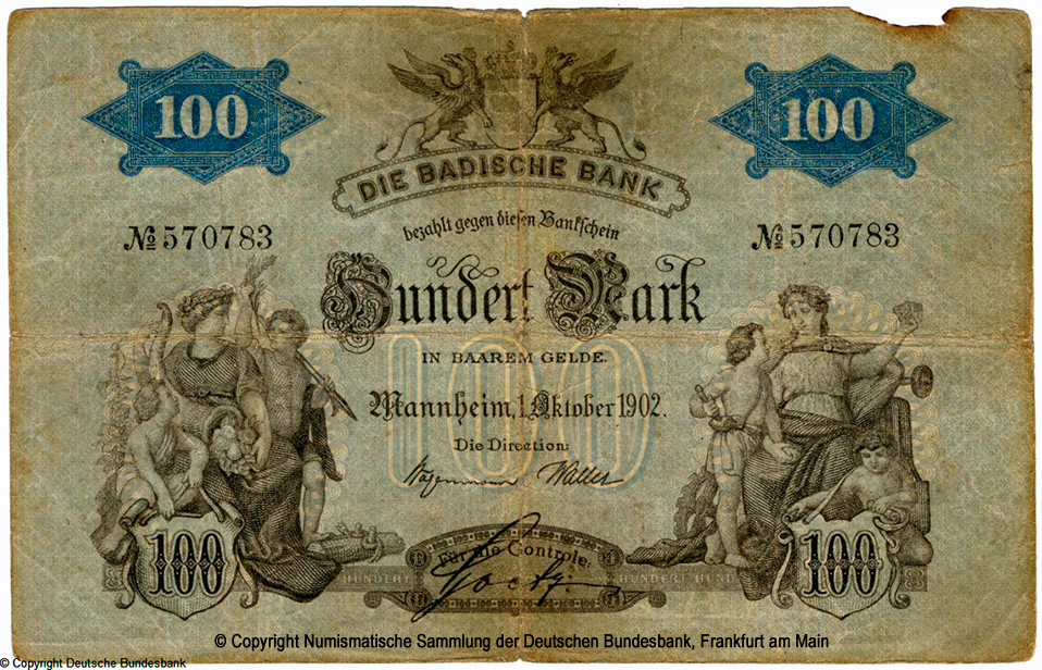 Badische Bank Bankschein. 100 Mark. 1. Oktober 1902. No 570783